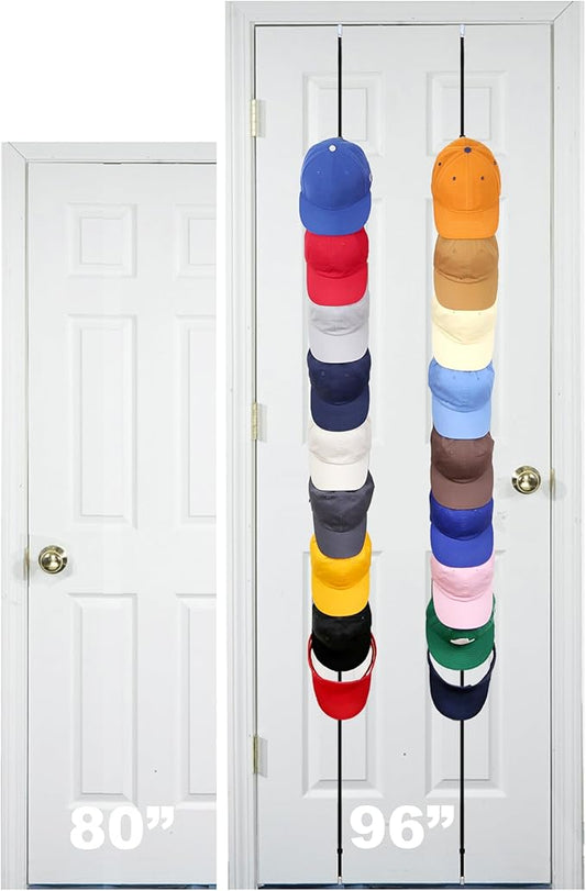 Perfect Curve FOR 8-FEET DOORS ONLY CapRack | Over-The-Door Hat Organizer for Baseball Caps | 2 Straps, Holds 18-36 Adjustable Caps | Black