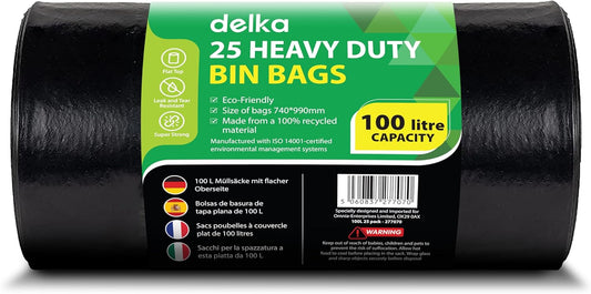 Delka Heavy Duty Black Bin Bags – Extra Strong, Leak-Proof Plastic Liners – Ideal for Kitchen, Home, DIY & Garden, Household, Office & Catering – Made from 100% Recycled Material (100L, 25 Pack)