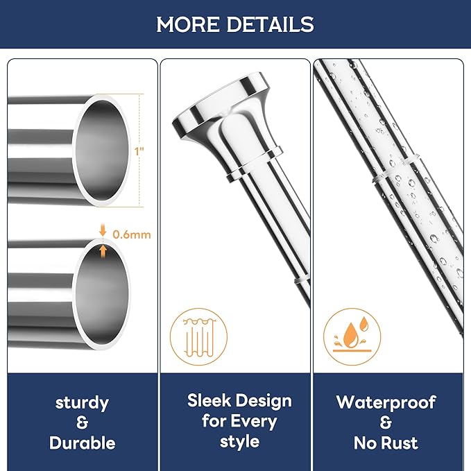 Adjustable Shower Curtain Rod 31-104 Inch, Never Rust Stainless Steel Silver Tension Rod, 1" Heavy Duty No-Drill for Bathroom, Kitchen & Closet