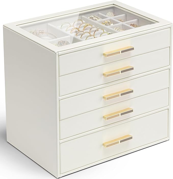Vlando 5 Layer Jewelry Box for Women, Glass Lid Jewelry Organizer with 5 Drawers for Necklaces Rings Earrings Bracelets - Cloud White
