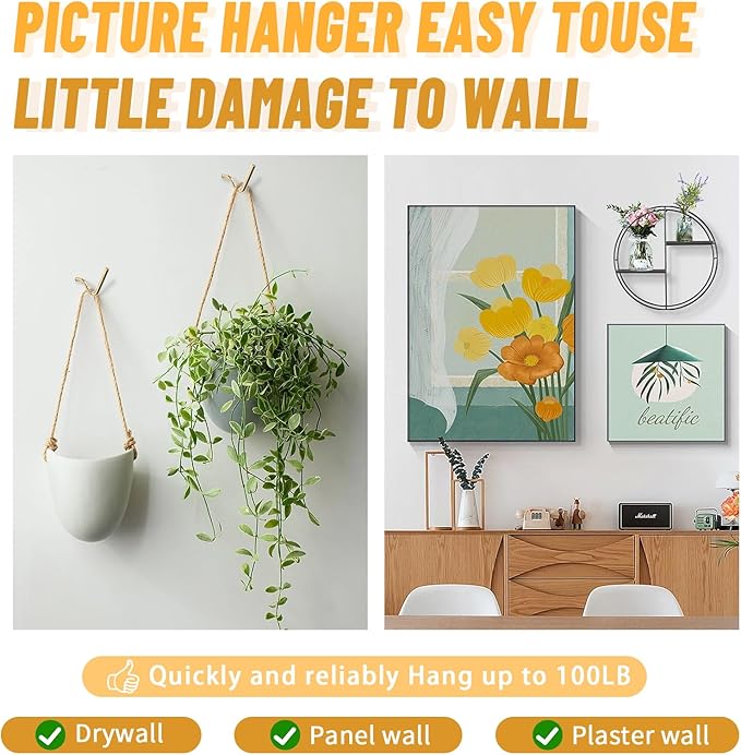 FURHUA 20pcs Aeneous Super Hook Picture Hangers and Office Pack, Drywall Hooks for Hanging Pictures, Wall Hooks, Picture Hangers, Picture Hanging Kit，Hang Art, Clock, Shelves, Mirrors
