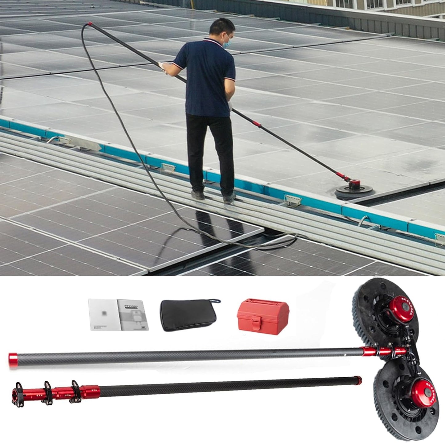 Handheld Outdoor Solar Panel Cleaning Kit with Carbon Fiber Telescopic Rod, Brushless Motor, with Power Converter, Molybdenum Wire Brush, for General Pollution Scenes,6.0M