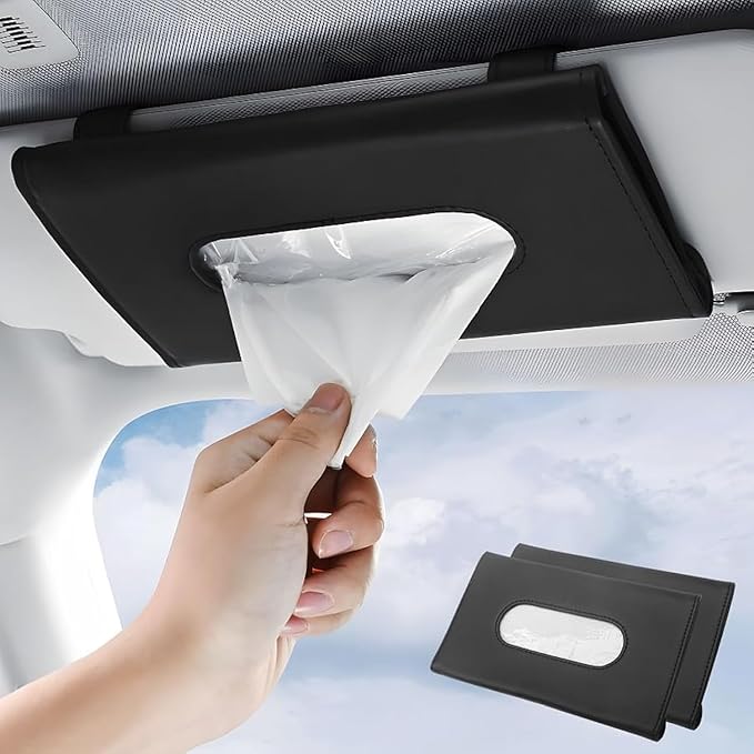 Car Tissue Holder 2 Pack with Ultra Soft Lotion Facial Tissues - Slim Visor Mount for Cars/Trucks/SUVs, Kleenex-Compatible Napkin Organizer (Ergonomic Design, Easy Installation)