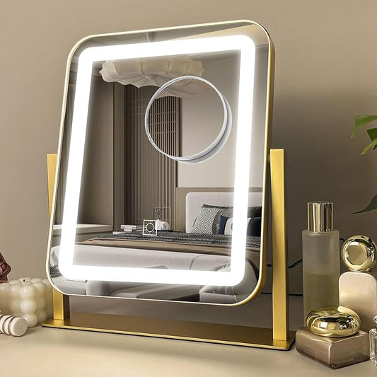 HNV 15"x13" Gold Vanity Mirror with Lights, Small LED Makeup Mirror for Desk, 3 Color Modes & Dimmable Touch Control, 360Â° Rotation Metal Frame, USB Plug-in Lighted Mirror for Bedroom, Dorm, Teen Gift