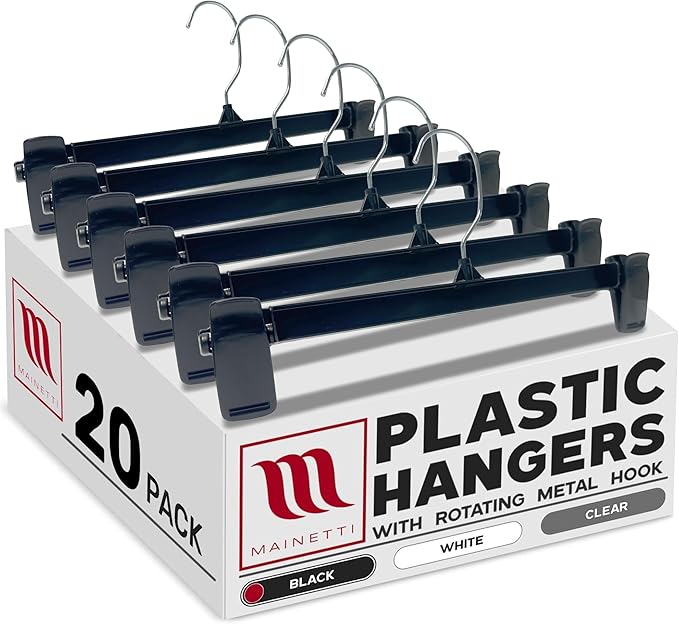 Mainetti 6012 Recycled Black Plastic Hangers - 20 Pack with Rotating Metal Hook and Sturdy Plastic, Great for Pants/Skirts/Slacks/Bottoms, 12-Inch