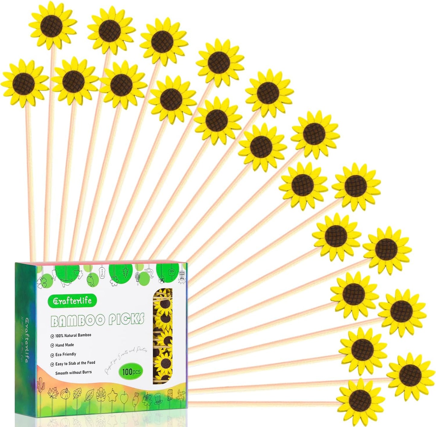 100Pcs Sunflower Cocktail Picks Spring Flower Sunflowers Decor Toothpicks Fruit Sticks Food Sandwich Appetizer Charcuterie Skewers, for Springtime Floral Sunflower Decorations Groovy Party Supplies