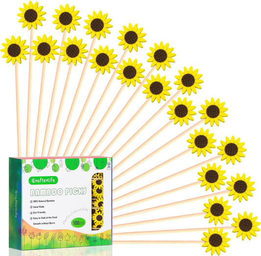 100Pcs Sunflower Cocktail Picks Spring Flower Sunflowers Decor Toothpicks Fruit Sticks Food Sandwich Appetizer Charcuterie Skewers, for Springtime Floral Sunflower Decorations Groovy Party Supplies
