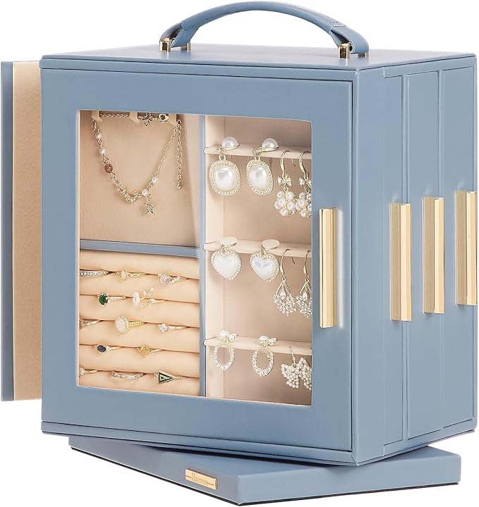 Homde Valentine's Day gifts Jewelry Box 360Â° Rotating, Necklace Earring Organizer with Transparent Window, Mirror, 7 Drawers, Large Ring Display Storage Case for Girls Women (Grey Blue)