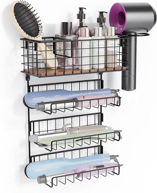 3 Tiers Hair Tool Organizer Wall Mounted, Holds 2 Curling Irons Per Shelf Heat-Resistant, Storage Basket for Hair Tools, Adhesive and Screw Mount for Hair Dryer Straightener in Bathroom Cabinet, Black
