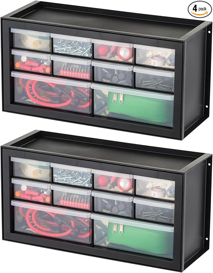 IRIS USA Small Plastic Storage Drawers, 10-Drawer - 4 Pack, Stackable Teacher Toolbox Craft Small Parts Bead Screw Hardware Building Bricks Organizer, Drink and Water Flavor Packet Organizer, Black