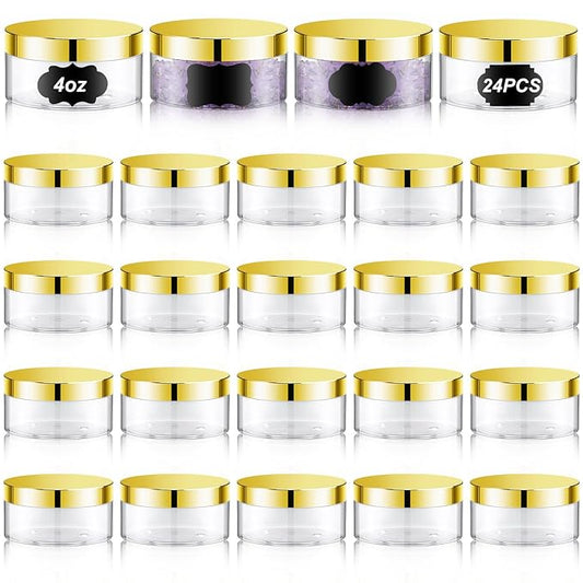 Dandat 24 Pcs 4 oz Plastic Jar Container with Lid and Label Refillable Empty Round Clear with Gold PET Cosmetic Sample Slime Containers for Lotion, Cream, Ointments, Body Butter, Makeup Travel Storage