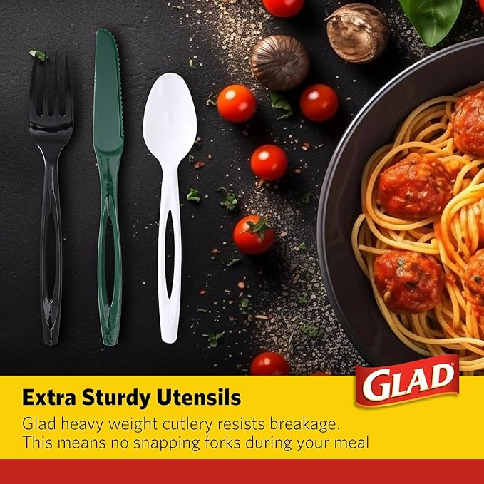 Glad Disposable Cutlery Set with Heavy Duty Plastic Forks, Knives, and Spoons, Reusable Dishwasher Safe Plastic Utensils for Parties and Everyday Use - Green, White, & Black, 120 Count - 6 Pack