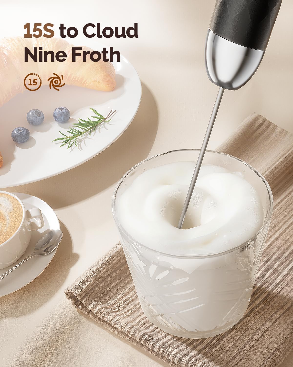 Maestri House Rechargeable Milk Frother with Stepless Speed Control, LunaFro 2.0 Handheld Electric Foam Maker Waterproof Drink Mixer Foamer for Lattes, Cappuccino