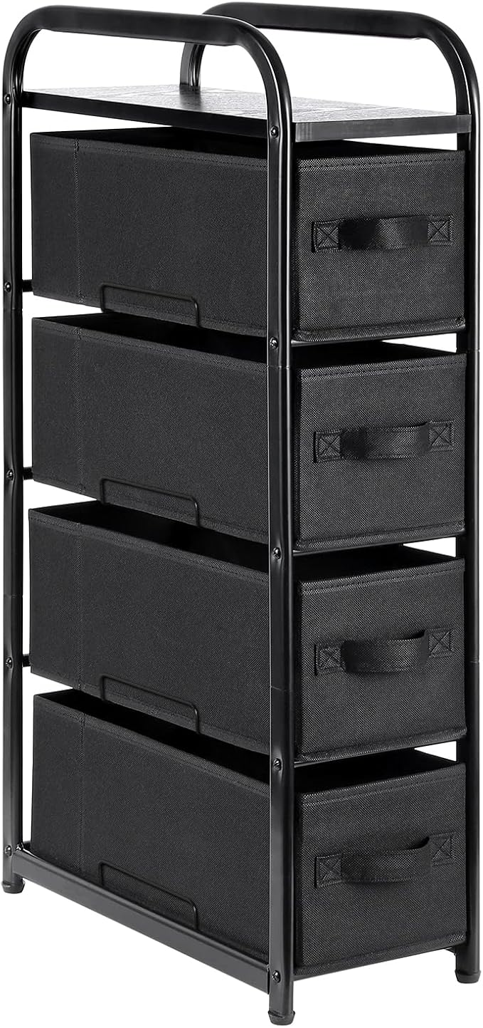 MAX Houser 4 Drawer Narrow Dresser Fabric Storage Tower Vertical Slim Storage Chest Organizer Nightstand Side/End Table Small Standing Organizer Removable Drawers Wood Top for Bedroom, Bathroomï¼Black)