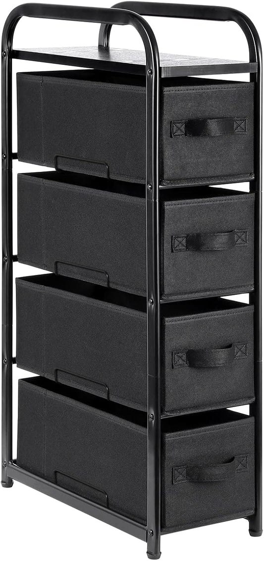 MAX Houser 4 Drawer Narrow Dresser Fabric Storage Tower Vertical Slim Storage Chest Organizer Nightstand Side/End Table Small Standing Organizer Removable Drawers Wood Top for Bedroom, Bathroomï¼Black)