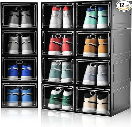 12 Pack Shoe Boxes Stackable,Upgraded Sturdy Shoe Storage Boxes with Clear Magnetic Door,Multifunctional Sneaker Storage, Shoe Box Organizer Fit up to US Size 12 Gray(13.8âx 9.84âx 7.1â)