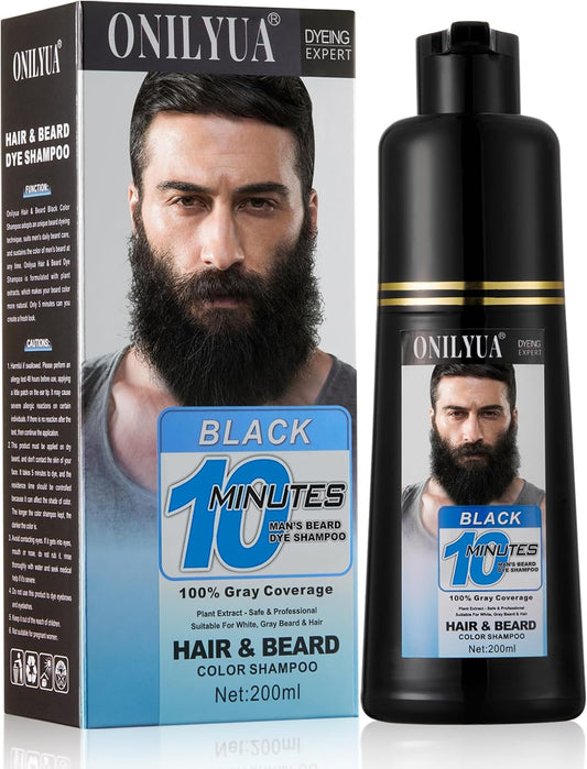 Men's 3 in 1 Black Beard Dye Shampoo, Simpler Color for Men's Beard & Mustaches, Long Lasting Gray Reducing 200 ml