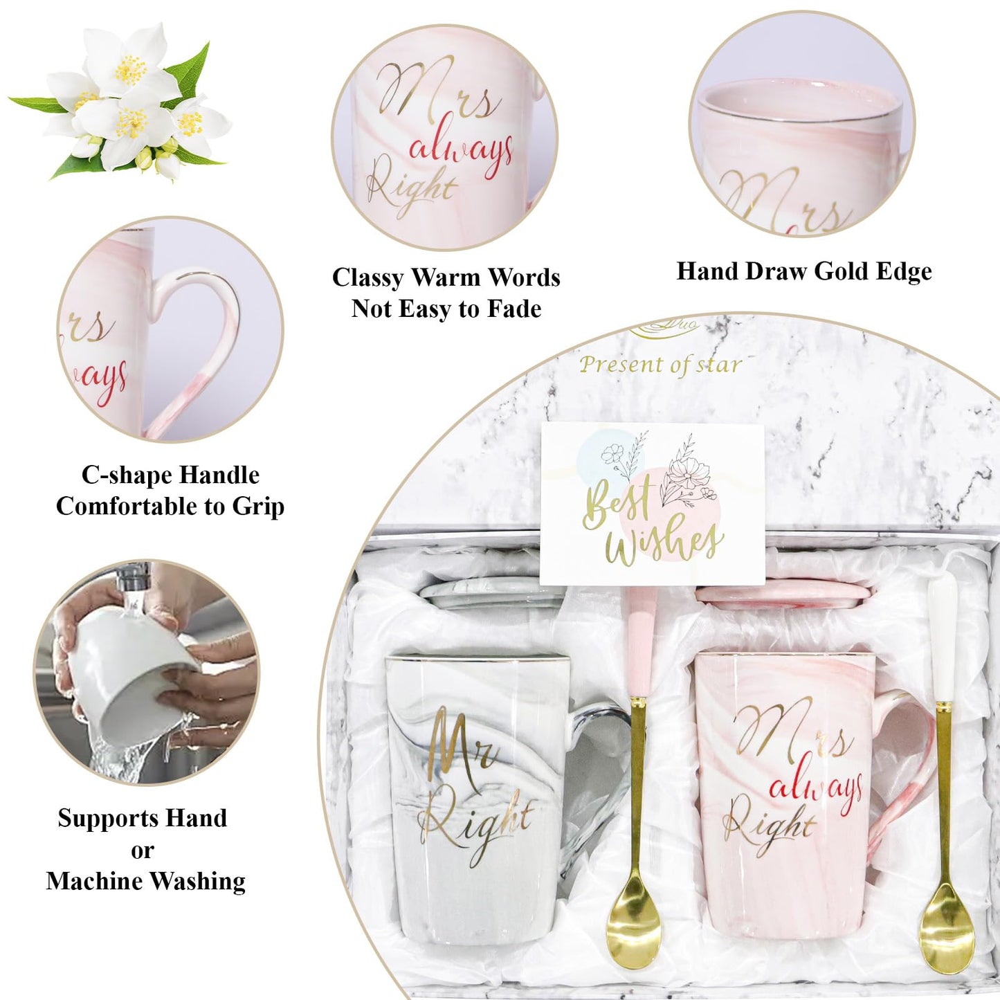 Mr and Mrs Gifts, Engagement Anniversary Wedding Gifts for Couple Newlyweds, Couple Mugs Set 14oz, Christmas Valentines Bridal Shower Presents for Bride Him Her (Type 3)
