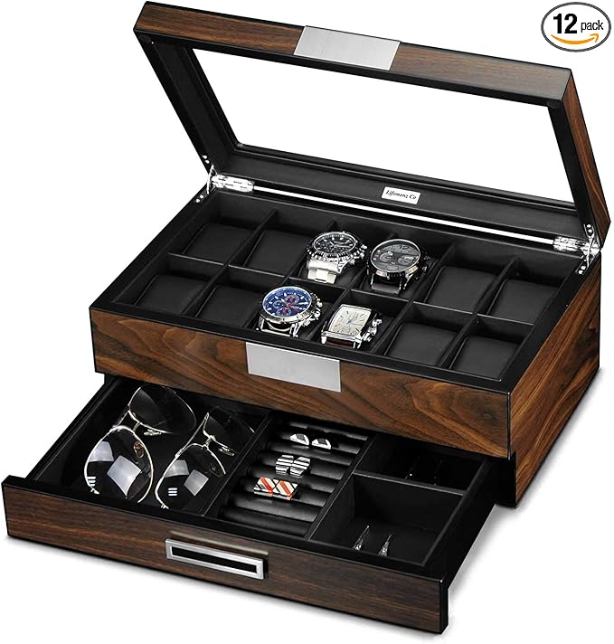 12 Slot Wooden Watch Box - Premium Walnut Men's Watch Display Case with Valet Drawer, Real Glass Window & Luxury Leather Interior
