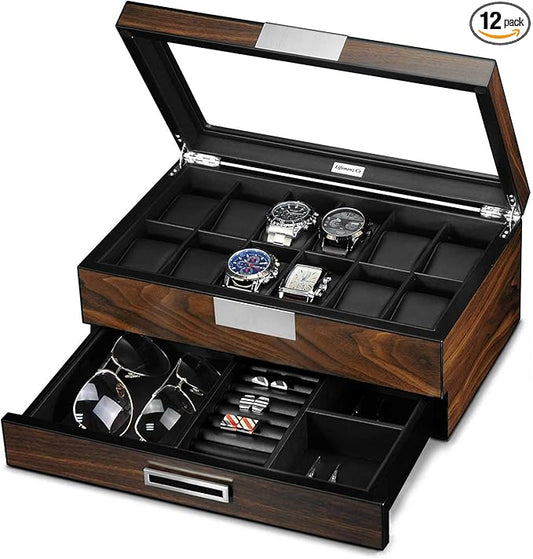 12 Slot Wooden Watch Box - Premium Walnut Men's Watch Display Case with Valet Drawer, Real Glass Window & Luxury Leather Interior