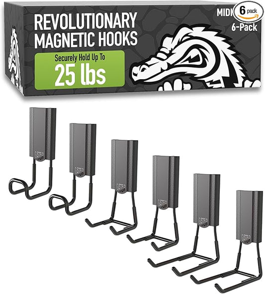 GATOR MAGNETICS MIDI 2.5 & 4" Open Hooks, 25 lb Heavy Duty Magnetic Hooks for Steel Surfaces, Patented Easy-Release, Non-Slip Grip â Storage & Organization, Garage, Shed, Home, Cleaning Tools -6 Pack