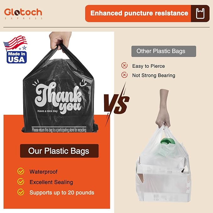 Glotoch 5000 (5K) Count Plastic Thank You T-shirt Bags Black, 11.5 x 6.5 x 21" Grocery Shopping Bags with Handles for Restaurant, Retail, Togo, Takeout, Convenience Stores, in Bulk for Small Business