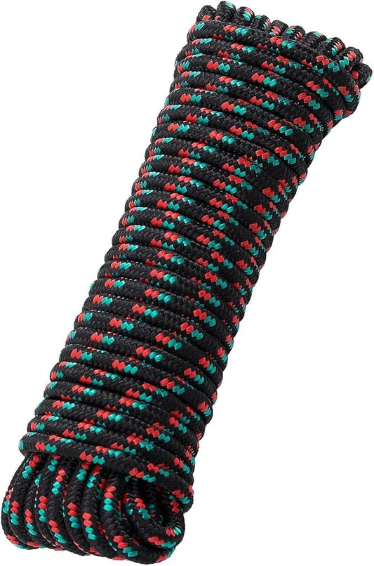 3/8 Inch 100ft Braided Polypropylene Rope, Outdoor Ropes, All Purpose Boat Marine Thick Tie for Camping and Flag Pole, Indoor and Outdoor Use, Black Multi