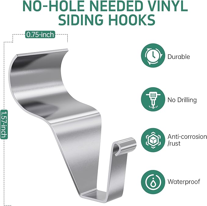 Vinyl Siding Hooks, (30 Pack) Heavy Duty Stainless Steel Siding Clips, No Drill No-Hole Needed Outdoor Hooks for Hanging Lights Wreath Hangers Plant Things on Patio Porch Decor