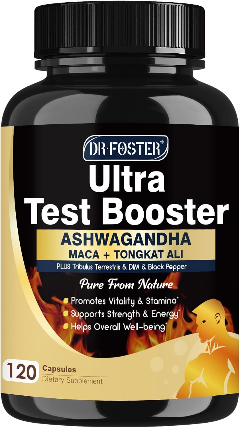 DRFOSTER Testosterone Booster for Men, Ultra Testosterone Formula 600mg Ashwagandha, Tongkat Ali & Maca - Muscle Growth, Energy & Endurance - 120 Capsules