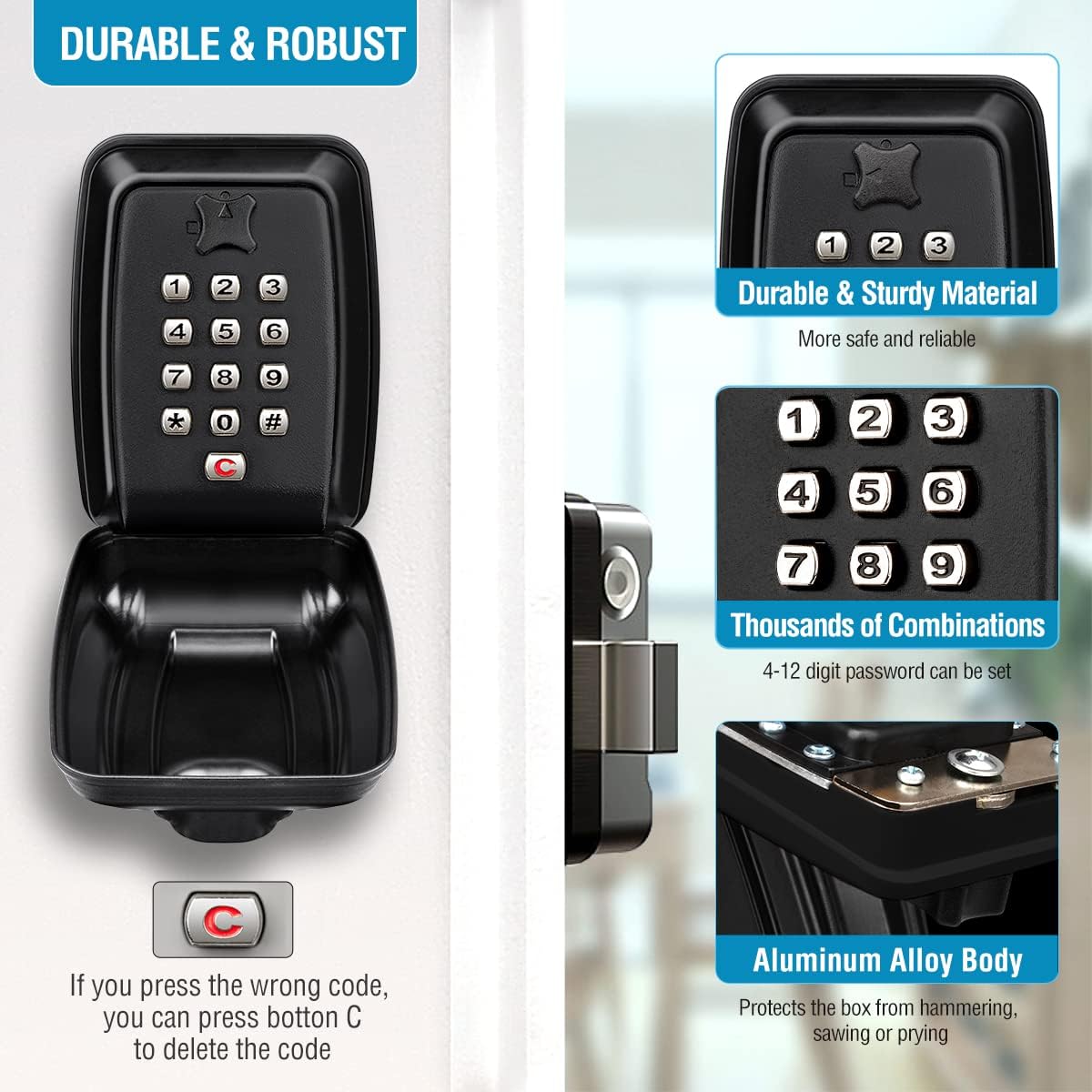 BKNOOU Key Lock Box Wall Mount with Code, Key Lock Box for Outside, Waterproof Key Safe Extra Large Lockbox for Keys Outdoor, 12-Digit Combination Key Storage Box Spare Hider for Home Garage