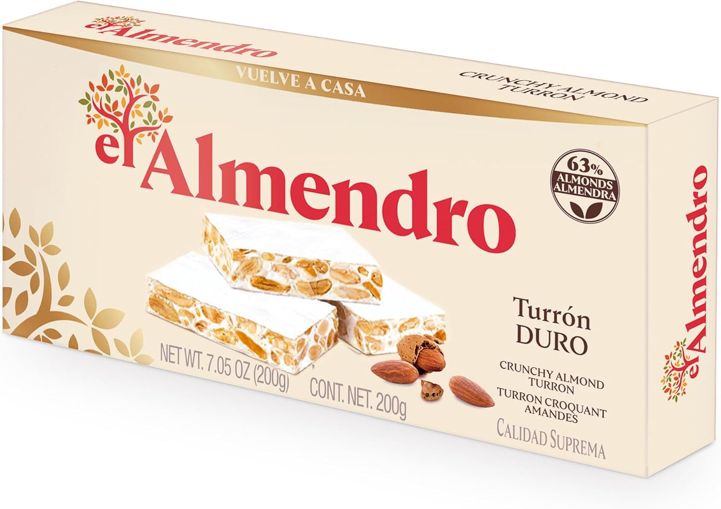 El Almendro Turrones, Turron Duro Nougat Candy, Crunchy Almond Torrone From Spain, Traditional Spanish Brittle, Dessert, Gluten Free, 3 Pack, 7.05 oz each.