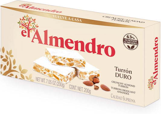 El Almendro Turrones, Turron Duro Nougat Candy, Crunchy Almond Torrone From Spain, Traditional Spanish Brittle, Dessert, Gluten Free, 1 Box, 7oz.
