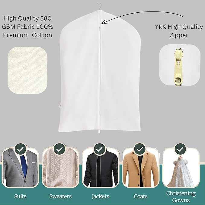 Garment Bag for Hanging Clothes – Organic Cotton Suit & Coat Cover with Zipper | Breathable Closet Organizer for Travel & Storage (X-Large (24"x60"), Off-White)