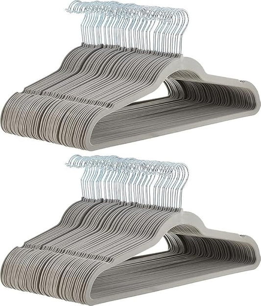 Amazon Basics Slim, Velvet, Non-Slip, Durable Suit Clothes Hangers for Closet, Coats, Pants, Shirts, Gray/Silver, Pack of 100