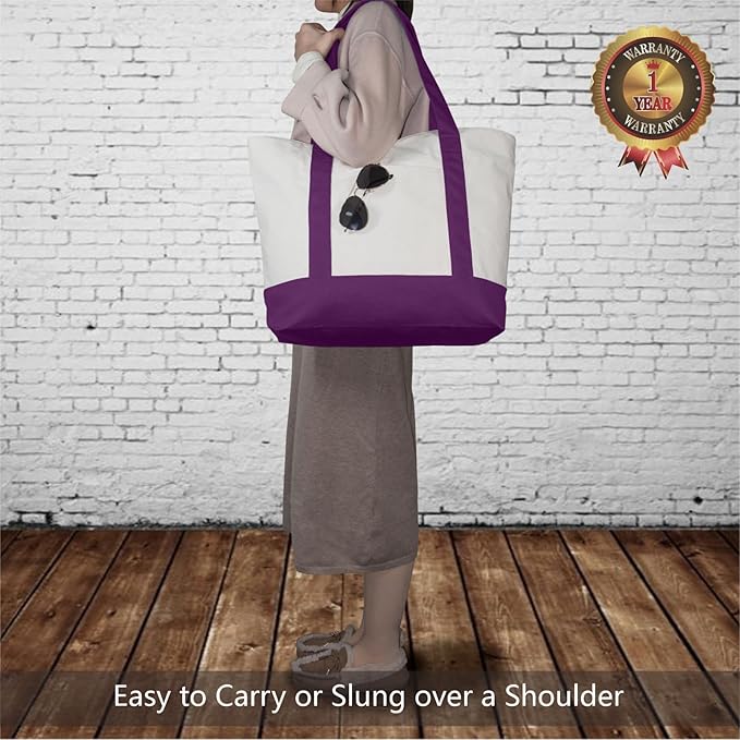 TOPDesign 6-Pack Canvas Tote Bags with an External Pocket, Reusable Grocery Shopping Bags, Top Zipper Closure, Daily Essentials (Purple/Natural)