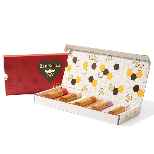 Bee Bella Lip Balm Holiday Gift Box, Cherry, Lavender Vanilla, Vanilla Bean, Pumpkin Spice, Candy Cane, 5 Pack, Gift, Organic Beeswax with Vitamin E, Handmade in USA
