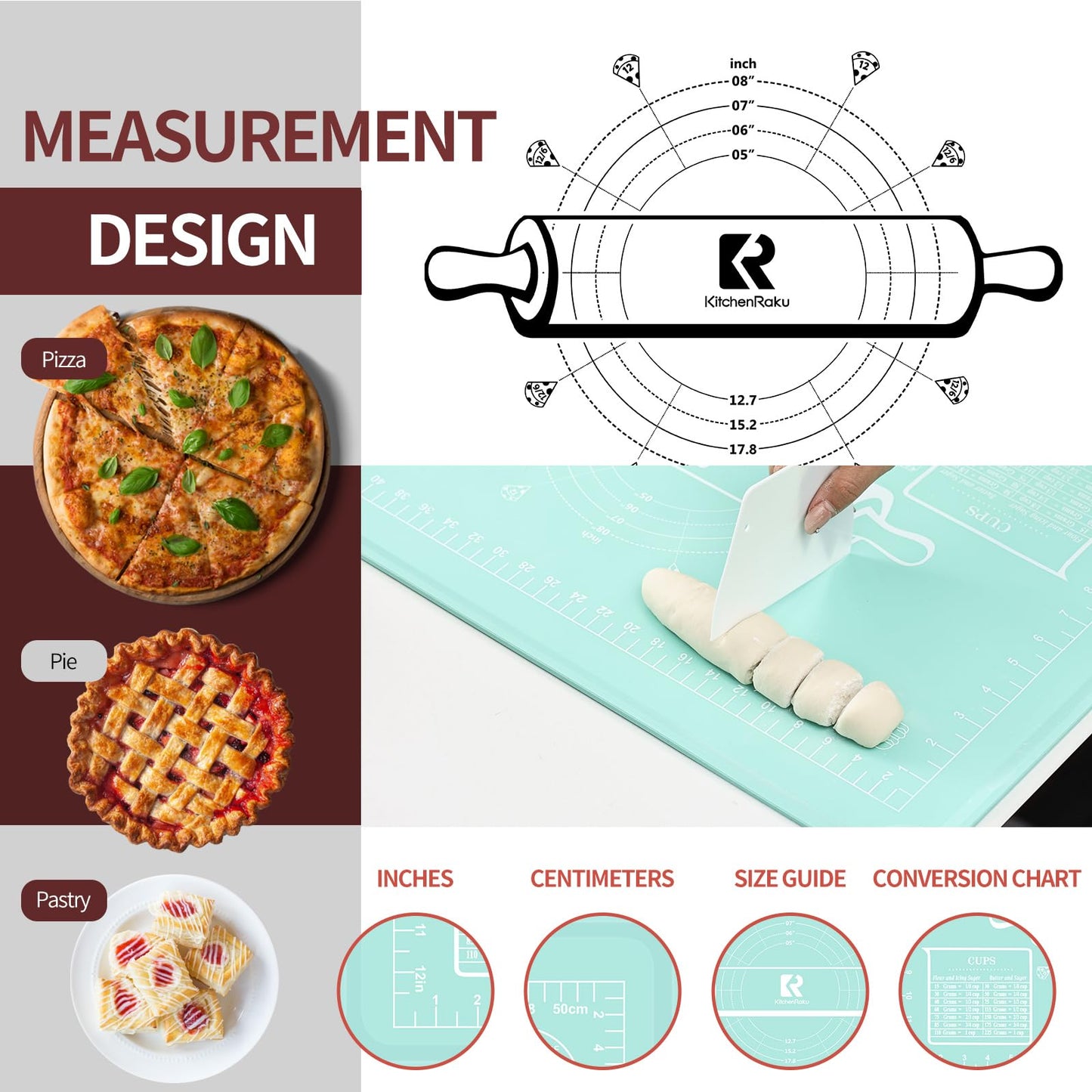 Silicone Baking Mat 20"L x 28"W, Extra Thick Dough Rolling Pad with Measurements and Edge Heightening, Non-stick Food Grade Silicone Pastry Mat for Pastry, Bread, Cookies