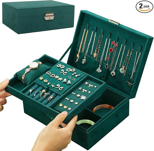 Nsmykhg Velvet Jewelry Box Organizer - 2 Pack Lockable 2 Layer Travel Case with Removable Tray, Jewelry Storage for Women & Men, Jewelry Display Case for Rings, Necklace, Earrings (Green)