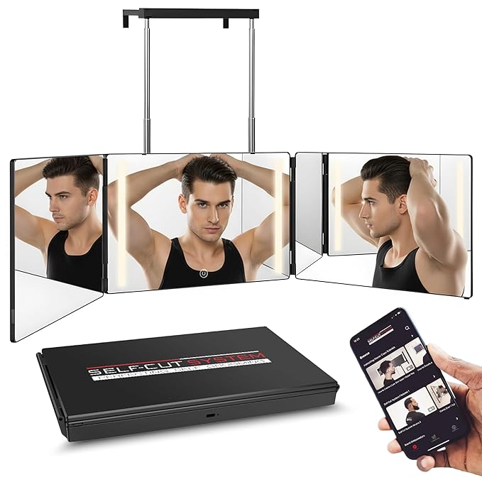 Self-Cut System 3 Way Mirror with LED Lights â Trifold Self Cut Barber Mirror for Men and Women, 360 View for Easy Haircuts, Travel Friendly - Three Way Design for Grooming and Styling