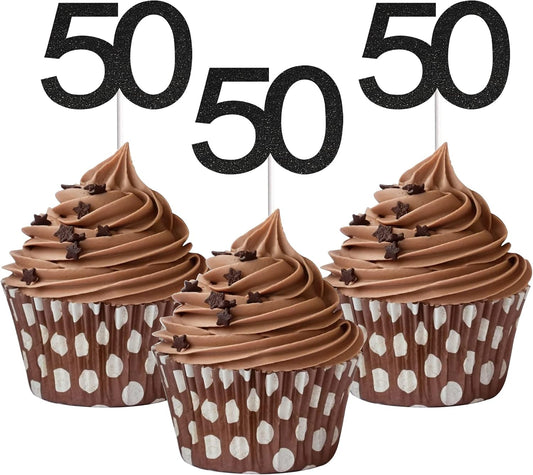 Sumerk 24PCS 50 Cupcake toppers Black Glitter 50th Birthday Cupcake Picks Anniversary Party Decorations