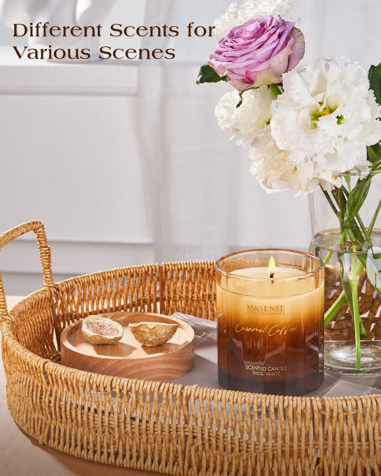 M&SENSE Caramel Coffee Candle for Home Scented, 10.6oz 60 Hours Burn Natural Soy Long Lasting Slow Burning Organic Aromatherapy Candle Housewarming Appreciation Gift for Women