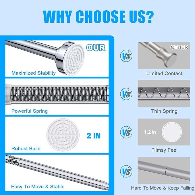 TEECK Shower Curtain Rod, 32-43 inch Adjustable Spring Tension Curtain Rod, Never Rust Anti-Slip Shower Curtain Rod for Bathroom, No Drilling, Never Collapse, Easy to Use, Silver