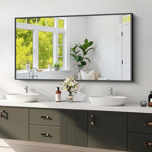 Koonmi Black Framed Bathroom Mirror - Shatterproof 24"x48" Tempered Glass, HD No Distortion, Horizontal/Vertical Mount, Modern Matte Aluminum Alloy Frame