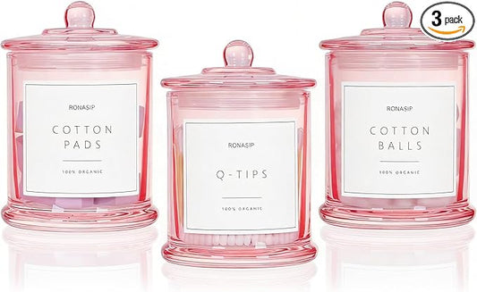 3 Pack Qtip Holder Dispenser, 16oz bathroom Organizer and Storage Canisters, Glass Apothecary Jars with Lid - Home Decor, Room Decor Aesthetic (Pink)