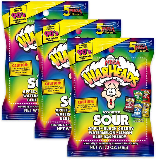 WARHEADS - Extreme Sour Hard Candy - Assorted Flavors - Sour Apple, Black Cherry, Blue Raspberry, Lemon & Watermelon Flavors - 2 oz. Bags - 3 Pack