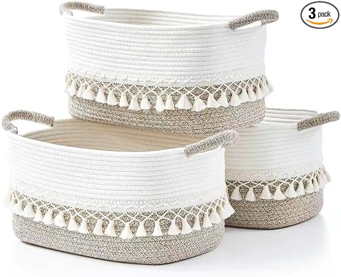Storage Bins Woven Baskets for Storage Set of 3, Cotton Rope Basket with Handles for Toys/Shelves/Laundry, Rectangle Multi-Purpose Organizer for Living Room, Bedroom, Nursery (White/Beige)
