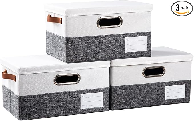 PRANDOM Storage Bins with Lids [3-Pack] Linen Fabric Foldable Storage Boxes Organizer Containers Baskets Cube with Cover for Bedroom Closet Office Grey&Whiteï¼11.4X8.6X6.7