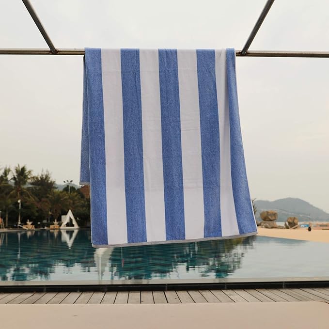 HENBAY Cotton Oversized Beach Towel - Large 70 x 35 Inch Pool Towel, Blue Striped Quick Dry Swimming Cabana Towel