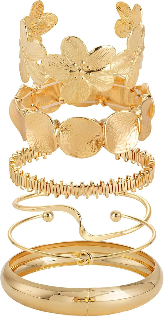 Mantveil 6PCS Chunky Gold Bangle Bracelets for Women, Dainty Gold Plated Cuff Bracelets, Boho Stackable Bangles Fashion Jewelry Gifts for Birthday Christmas Mother's Day