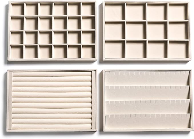 Frebeauty Stackable Velvet Jewelry Organizer Trays for Drawers Inserts Jewelry Storage Tray Display Case Earrings Bracelets Necklace Rings Accessories Trays for Women Girls(Set of 4)ï¼Beige
